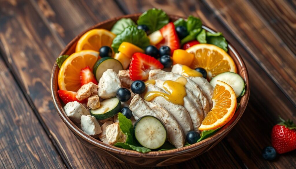 Adding fruits to easy chicken salad with zucchini and artichokes