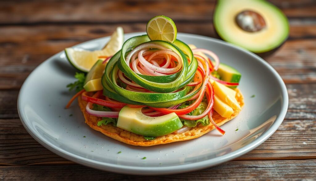 Cucumber and Jicama Spiral Salad on Tostadas with Avocado