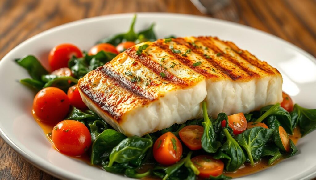 Grilled Cod with Spinach and Tomato Medley