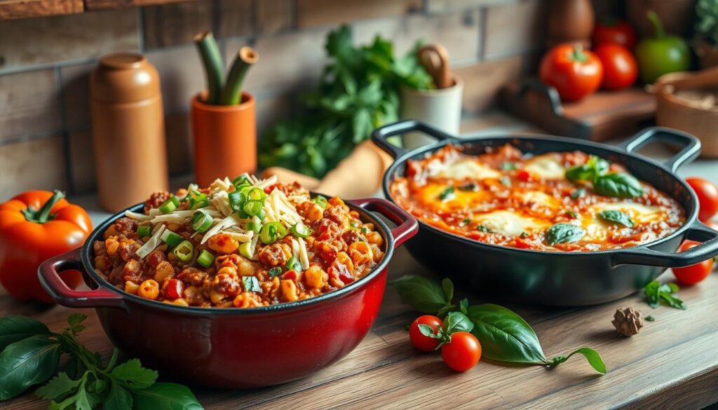 Vegetarian One-Pot Meals featuring chili mac and skillet lasagna